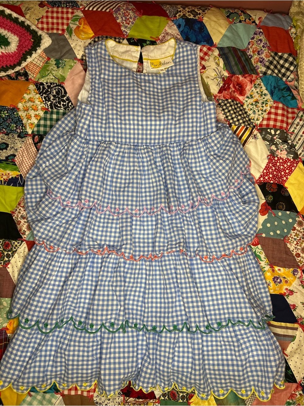 Mini Boden Light Blue Gingham Tiered Dress with Multicolor Scallop Trim - Picture 5 of 5